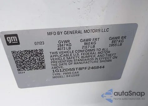 2023 Chevrolet Malibu Fwd 1Lt из США, поврежденный, VIN 1G1ZD5ST8PF246844